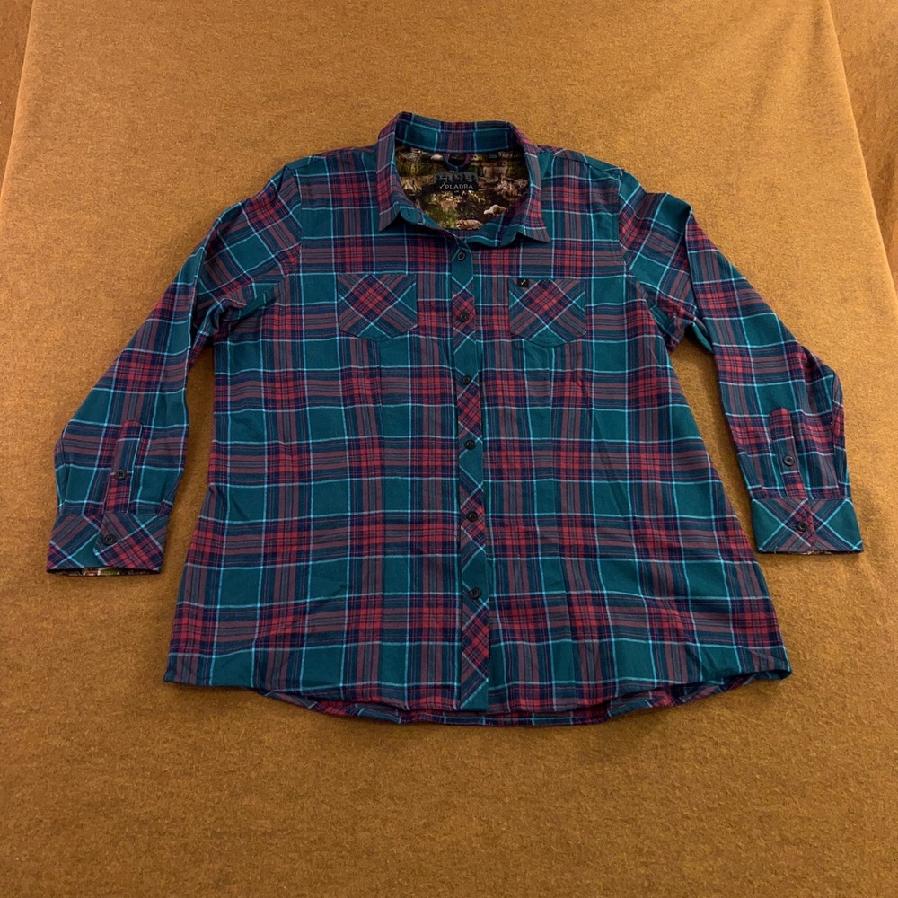 Pladra Womens 1X Teal Burgundy Plaid Fox Print Lining Flannel Button Down Shirt